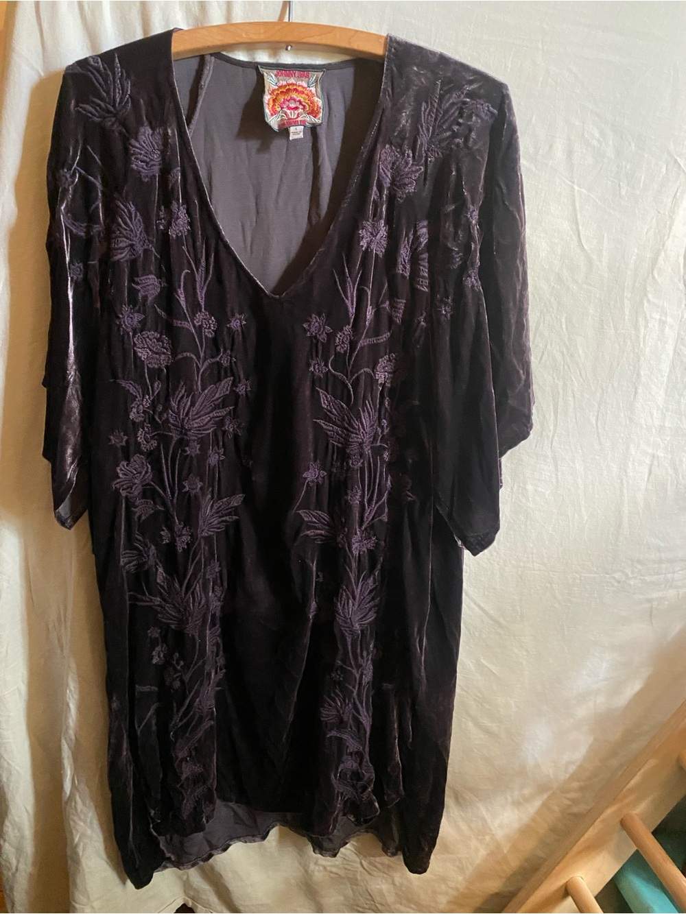 Johnny Was Purple Velvet Embroidered V-Neck Tunic